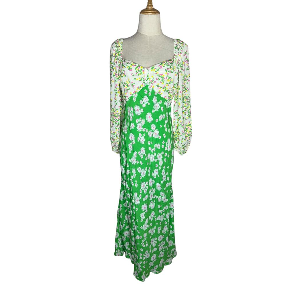 NWT RIXO Target Daisy Green Pink V Neck Floral Rushed Midi Swing Dress Size 12 - Picture 3 of 10